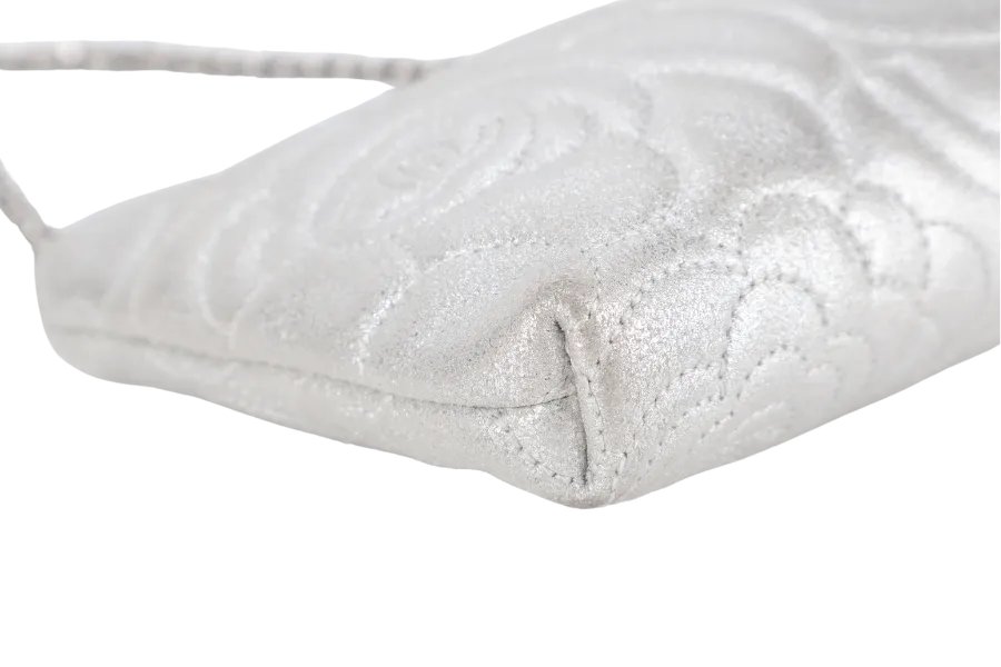CHANEL CAMELLIA EMBOSSED SMALL SILVER METALLIC POCHETTE SILVER HARDWARE (2005xxxx) WITH CARD