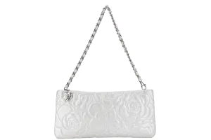 CHANEL CAMELLIA EMBOSSED SMALL SILVER METALLIC POCHETTE SILVER HARDWARE (2005xxxx) WITH CARD
