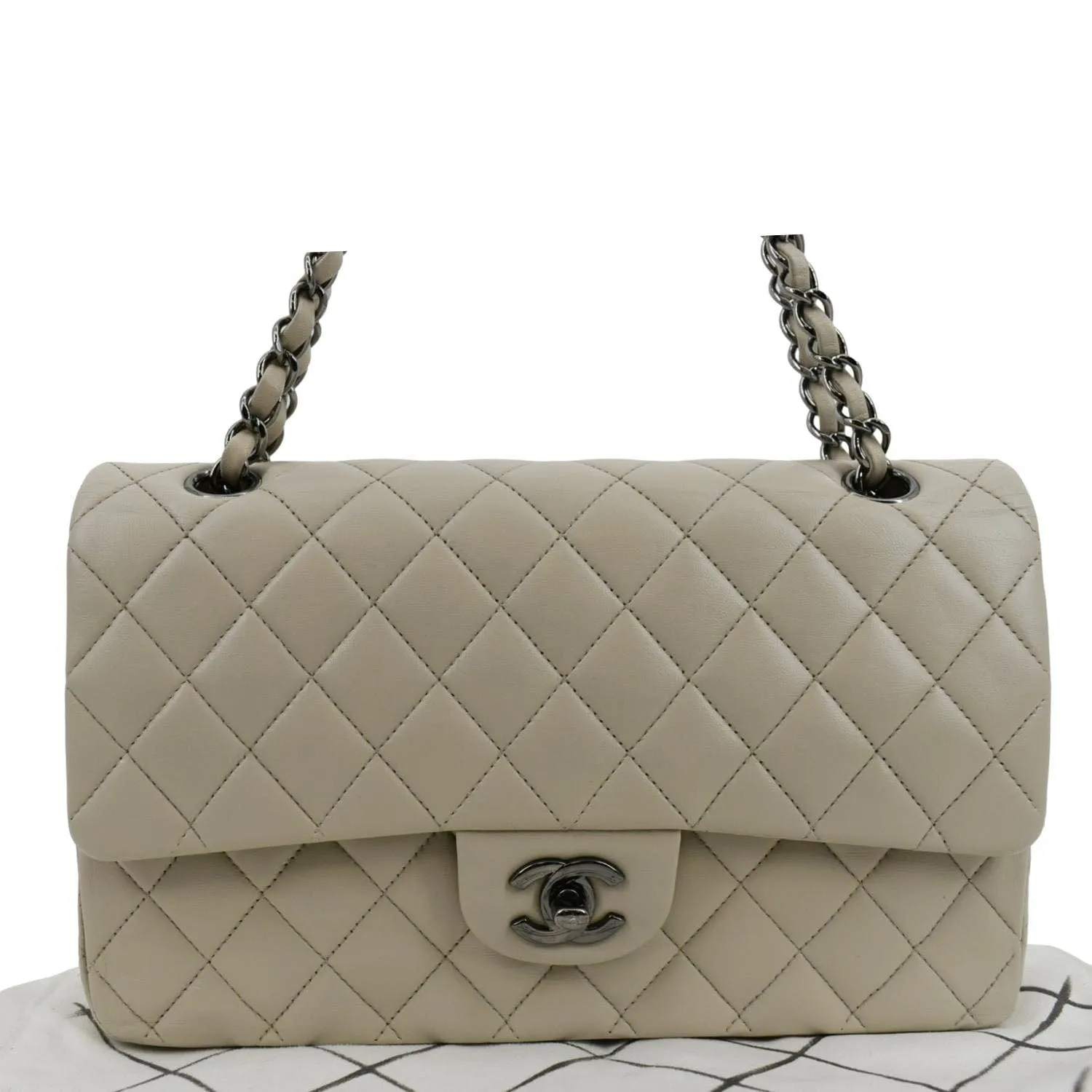 CHANEL Classic Medium Double Flap Quilted Leather Shoulder Bag Ivory