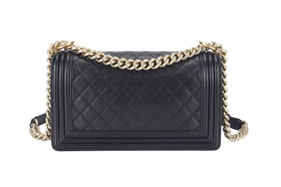 CHANEL LE BOY OLD MEDIUM (2165xxxx) BLACK LAMBSKIN GOLD HARDWARE WITH DUST COVER, CARD AND BOX