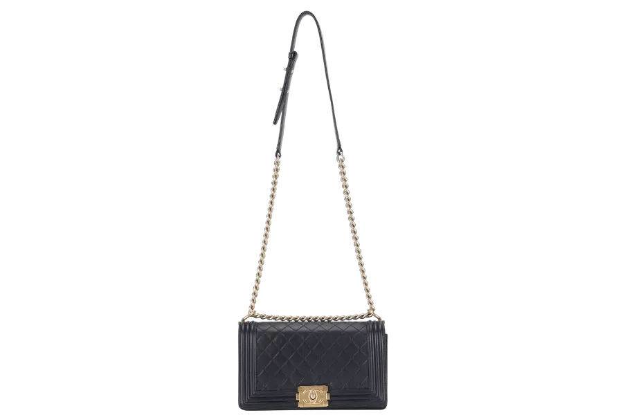 CHANEL LE BOY OLD MEDIUM (2165xxxx) BLACK LAMBSKIN GOLD HARDWARE WITH DUST COVER, CARD AND BOX