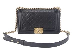CHANEL LE BOY OLD MEDIUM (2165xxxx) BLACK LAMBSKIN GOLD HARDWARE WITH DUST COVER, CARD AND BOX