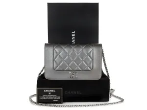 CHANEL METALLIC Grey quilted Lambskin / Silver hardware wallet on a chain from the Paris in Rome Collection,