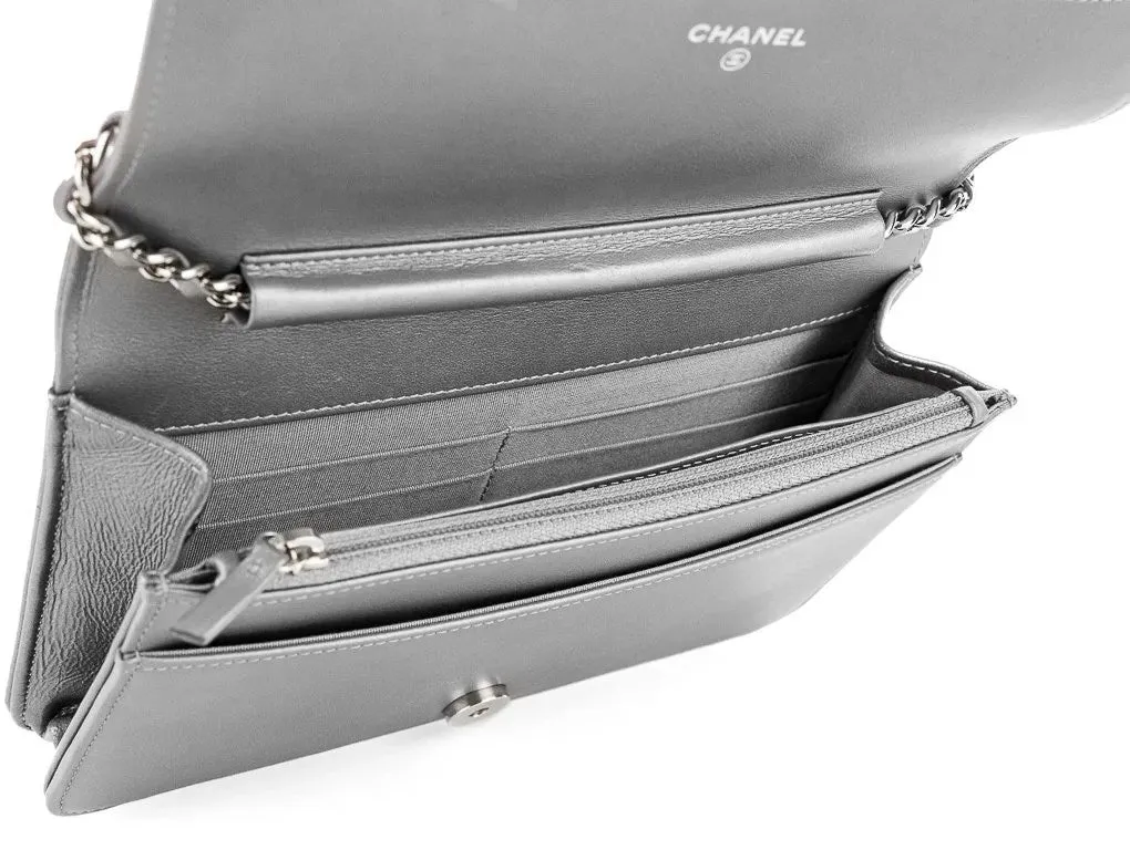 CHANEL METALLIC Grey quilted Lambskin / Silver hardware wallet on a chain from the Paris in Rome Collection,