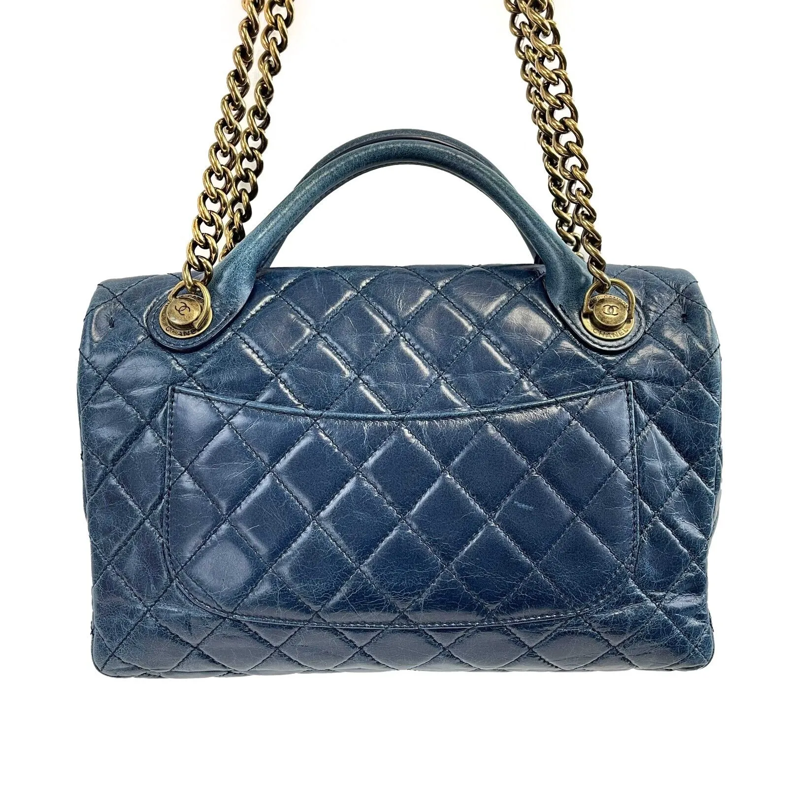 CHANEL - Teal CC Single Castlerock Flap / Top Handle Large Leather Shoulder Bag