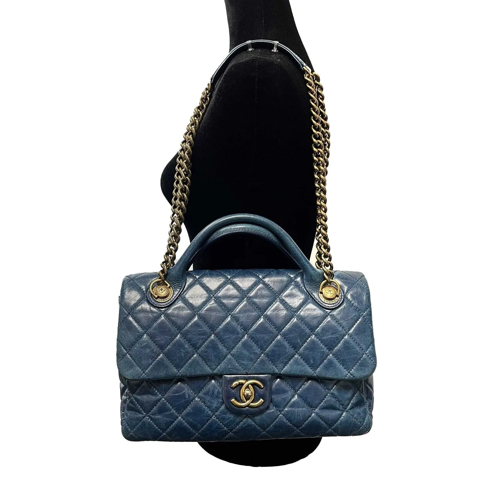 CHANEL - Teal CC Single Castlerock Flap / Top Handle Large Leather Shoulder Bag