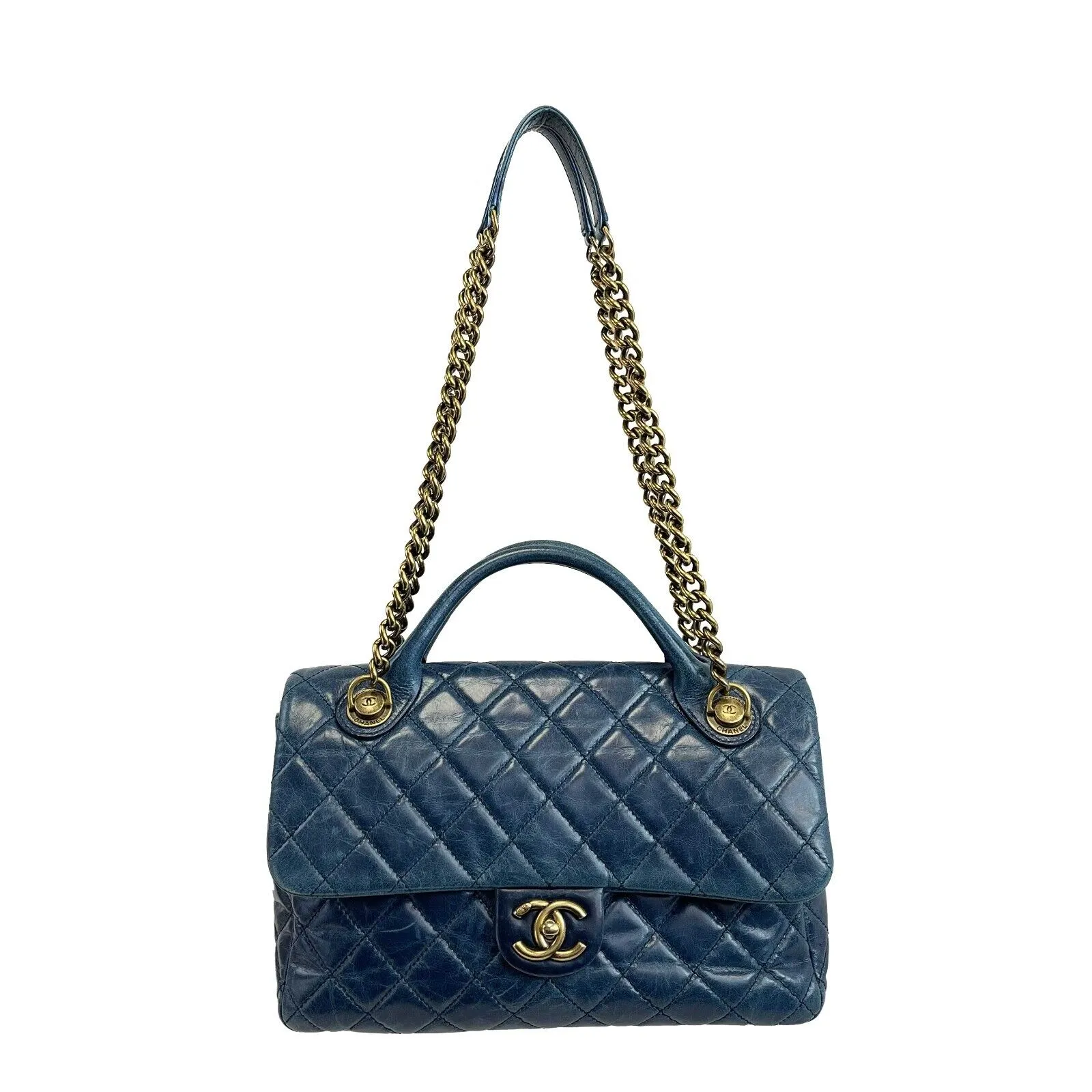 CHANEL - Teal CC Single Castlerock Flap / Top Handle Large Leather Shoulder Bag