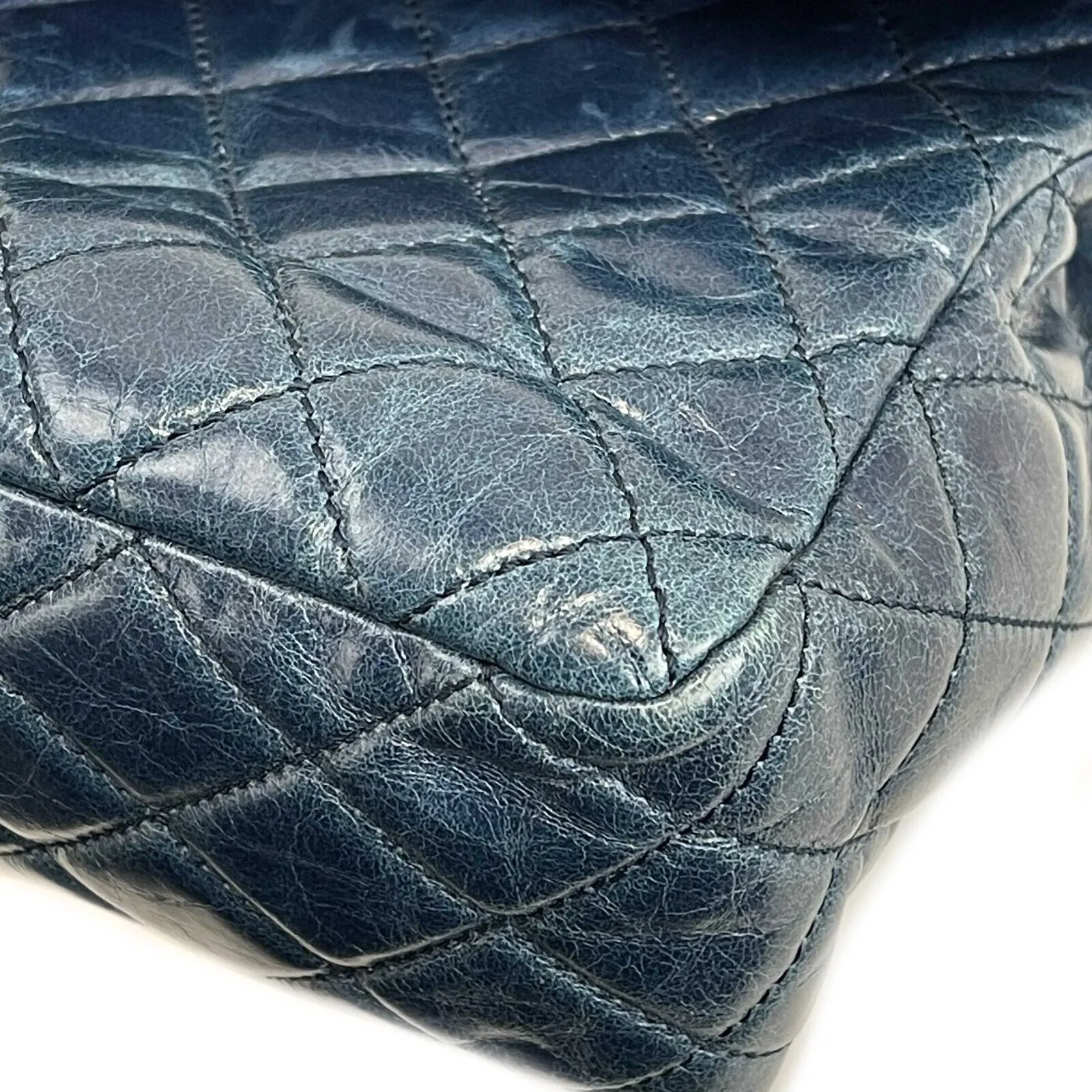 CHANEL - Teal CC Single Castlerock Flap / Top Handle Large Leather Shoulder Bag