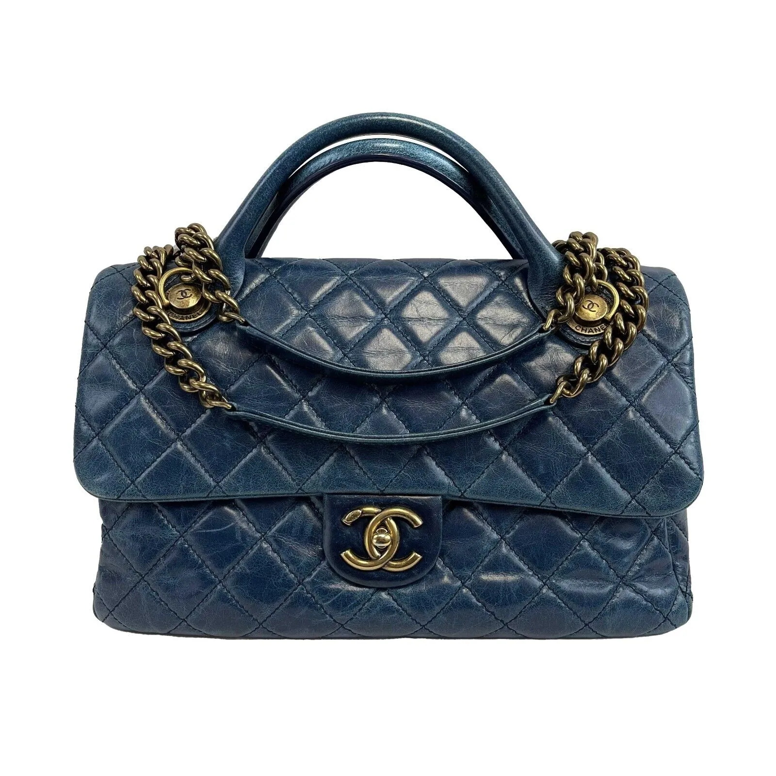 CHANEL - Teal CC Single Castlerock Flap / Top Handle Large Leather Shoulder Bag