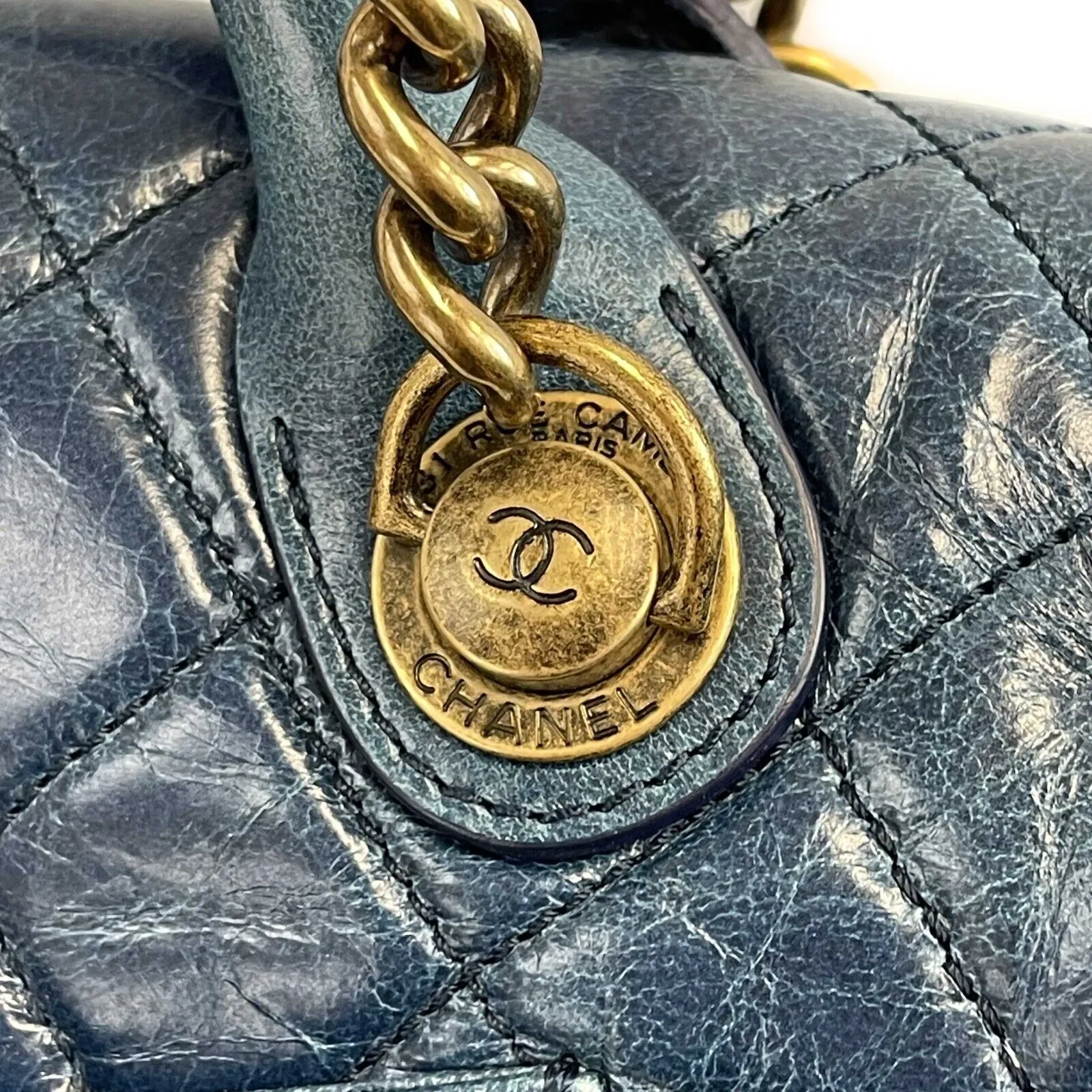 CHANEL - Teal CC Single Castlerock Flap / Top Handle Large Leather Shoulder Bag