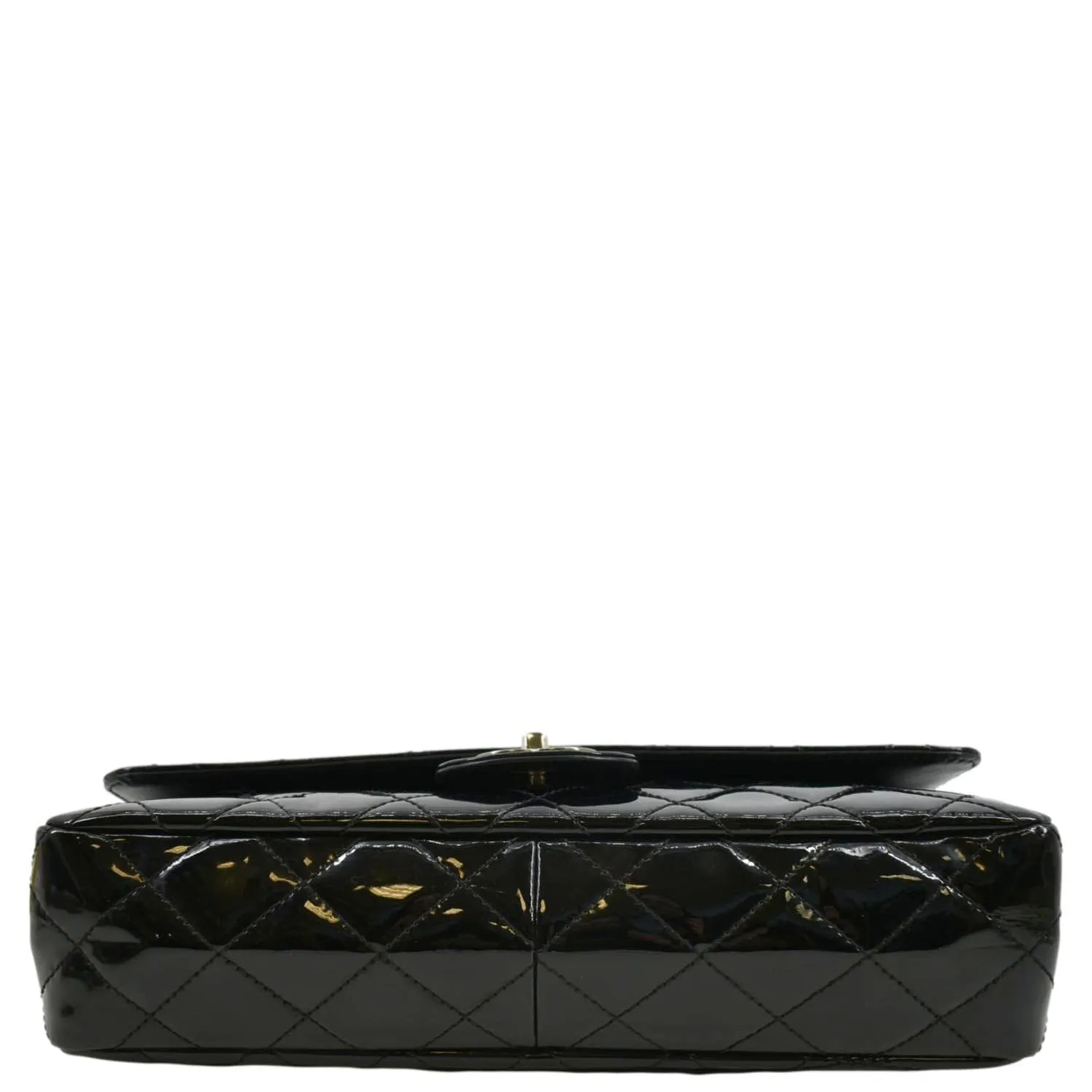 CHANEL Through Flap Quilted Patent Leather Shoulder Bag Black