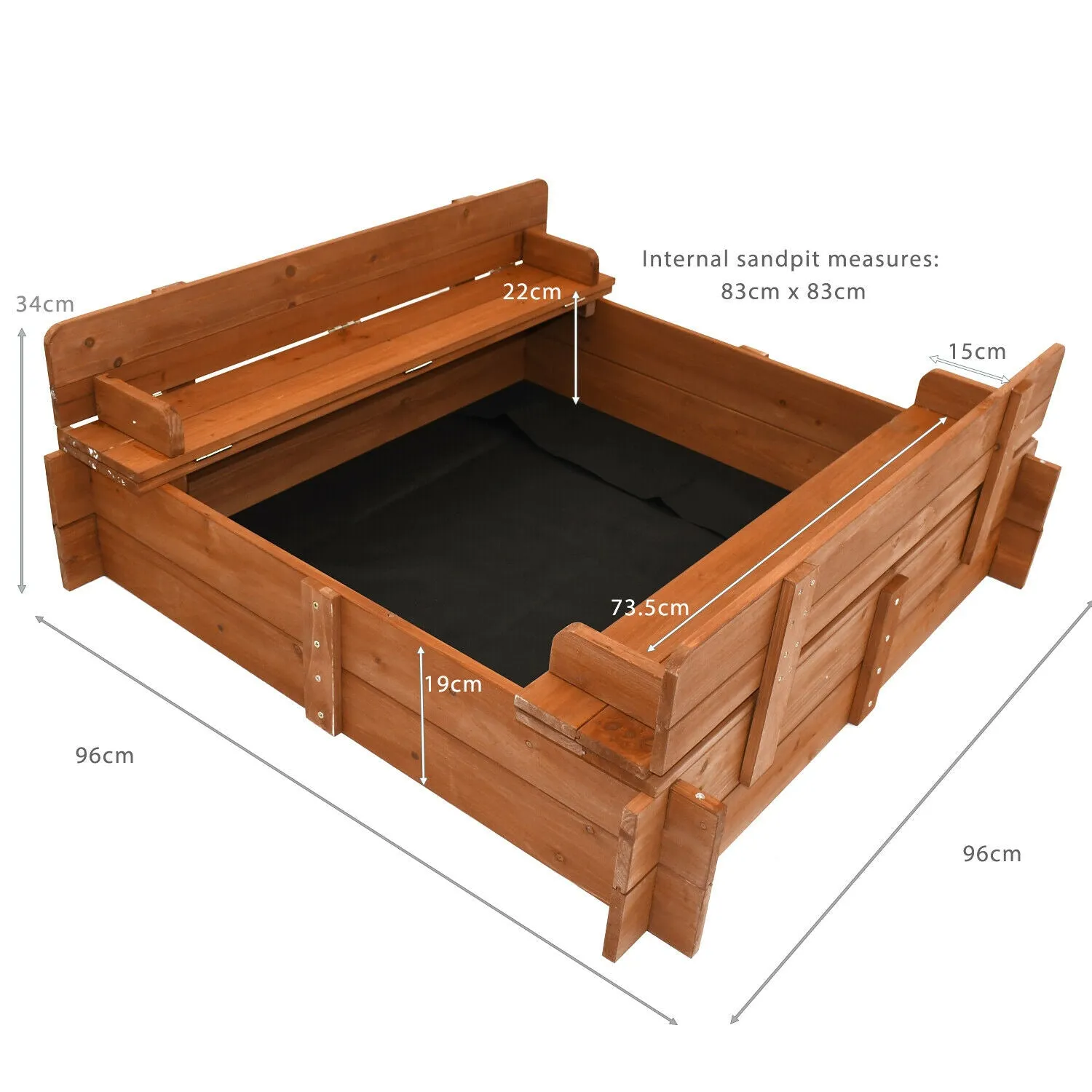 Childrens Non-Allergenic Pre-Treated Wooden Sandpit with Lid and Seats | Outdoor Kids Sand Pit  3-8 years | 96 x 96cm