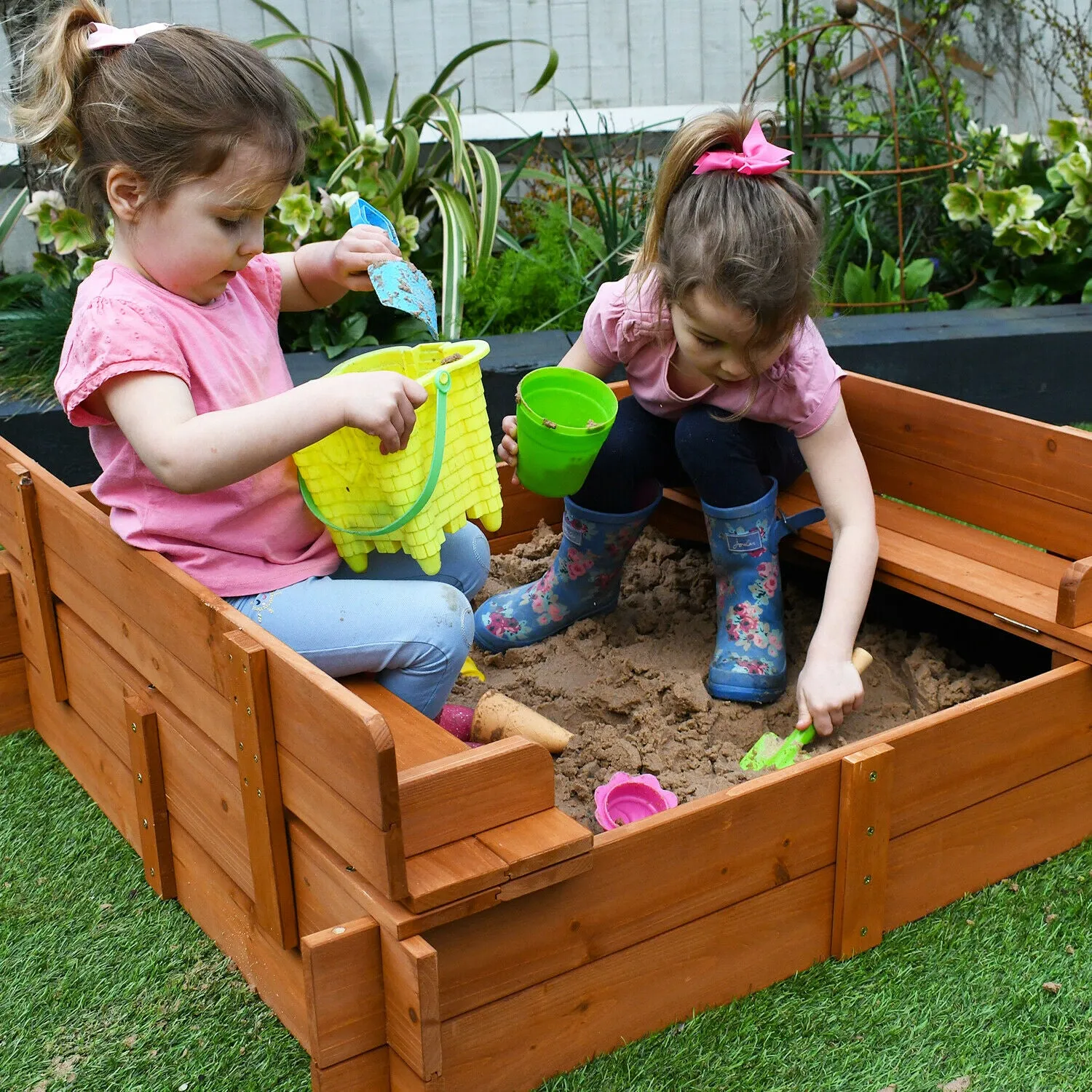 Childrens Non-Allergenic Pre-Treated Wooden Sandpit with Lid and Seats | Outdoor Kids Sand Pit  3-8 years | 96 x 96cm