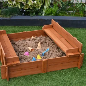 Childrens Non-Allergenic Pre-Treated Wooden Sandpit with Lid and Seats | Outdoor Kids Sand Pit  3-8 years | 96 x 96cm