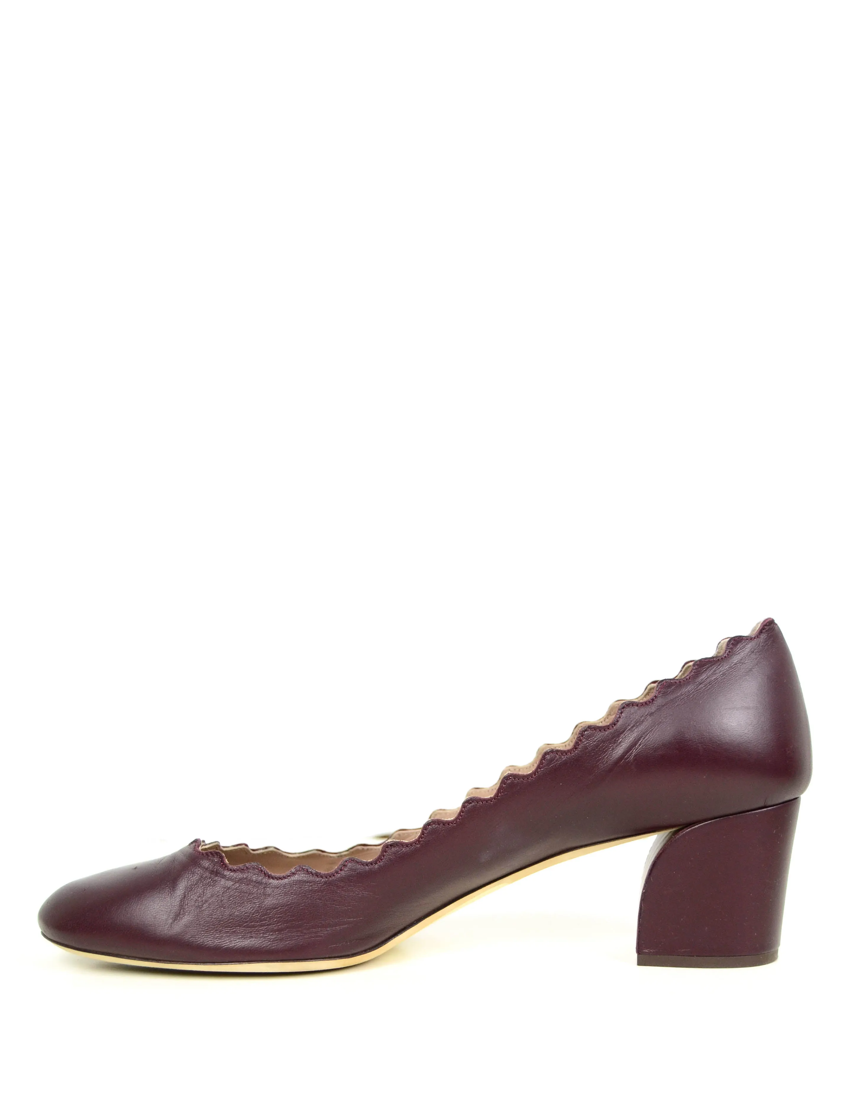 Chloe Burgundy Leather Lauren Scalloped Heels sz 41.5