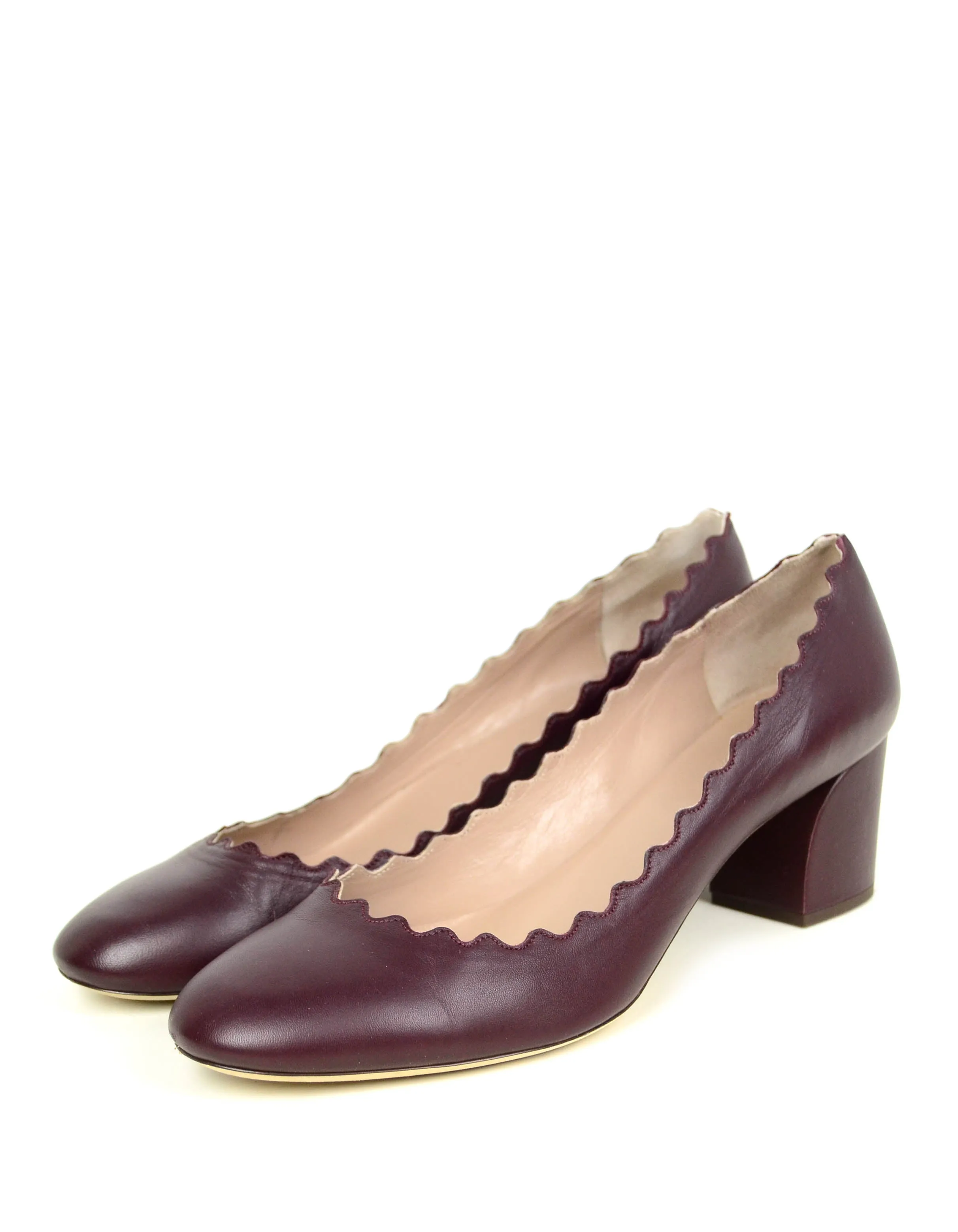 Chloe Burgundy Leather Lauren Scalloped Heels sz 41.5