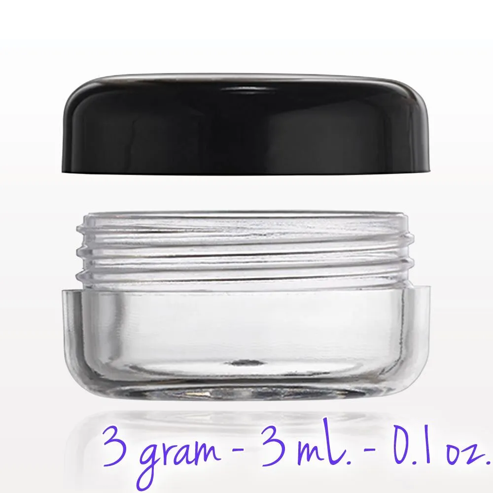 Clear Sample Jar with Black Cap - 3 gram - 3 mL. - 0.1 oz. / 200 per Bag X 3 Bags = 600 Assembled Sample Jars