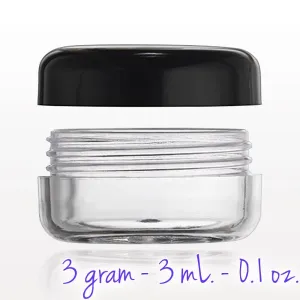 Clear Sample Jar with Black Cap - 3 gram - 3 mL. - 0.1 oz. / 200 per Bag X 3 Bags = 600 Assembled Sample Jars