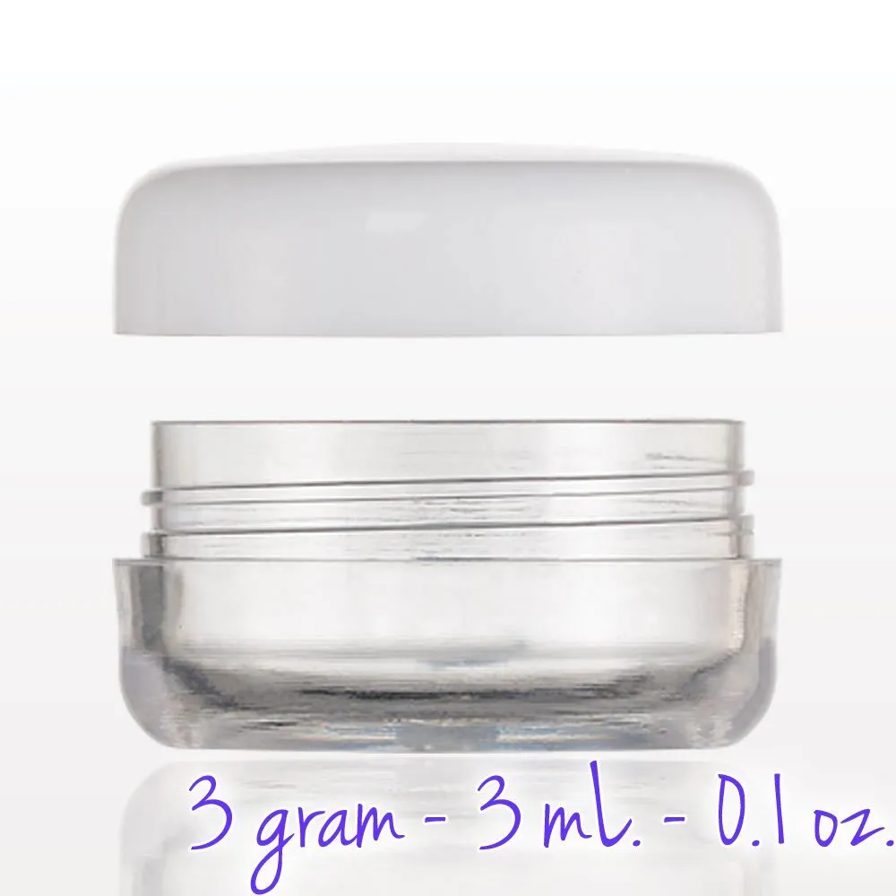 Clear Sample Jar with White Cap - 3 gram - 3 mL. - 0.1 oz. / 200 per Bag X 3 Bags = 600 Assembled Sample Jars