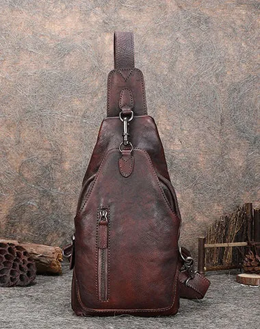 Cool Mens Sling Bag Vintage Leather Chest Bag Crossbody Pack for Men