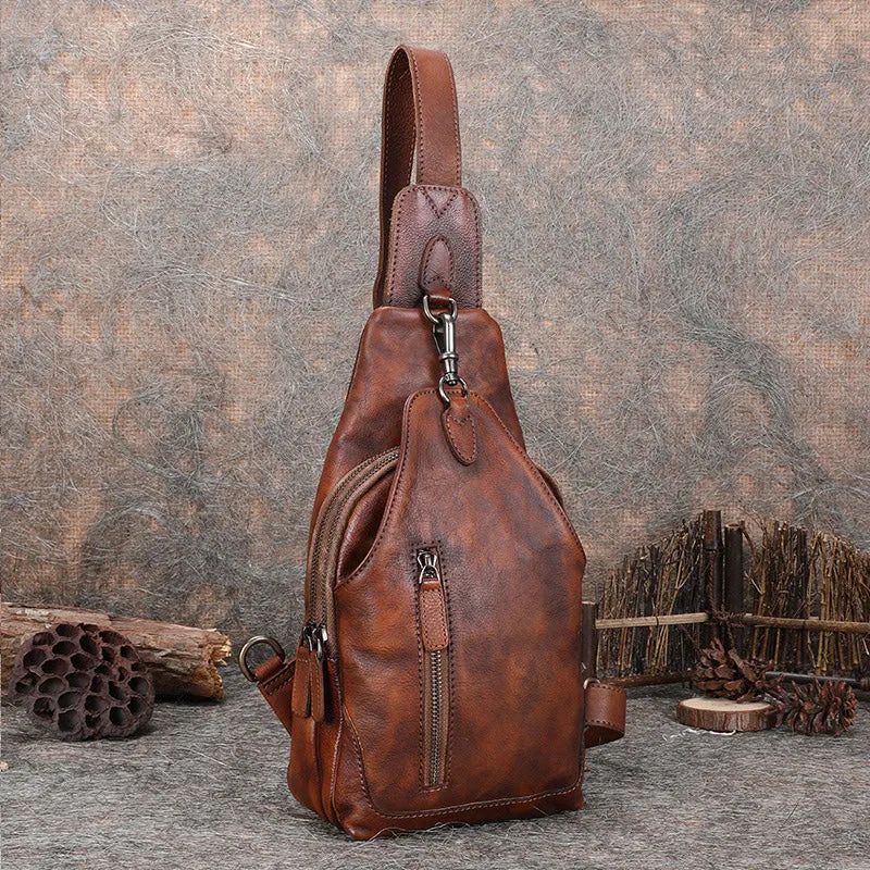 Cool Mens Sling Bag Vintage Leather Chest Bag Crossbody Pack for Men