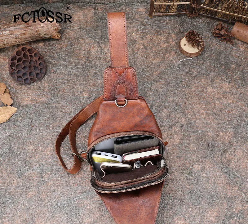 Cool Mens Sling Bag Vintage Leather Chest Bag Crossbody Pack for Men