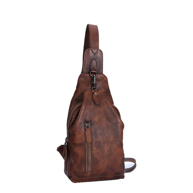 Cool Mens Sling Bag Vintage Leather Chest Bag Crossbody Pack for Men