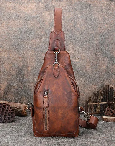 Cool Mens Sling Bag Vintage Leather Chest Bag Crossbody Pack for Men