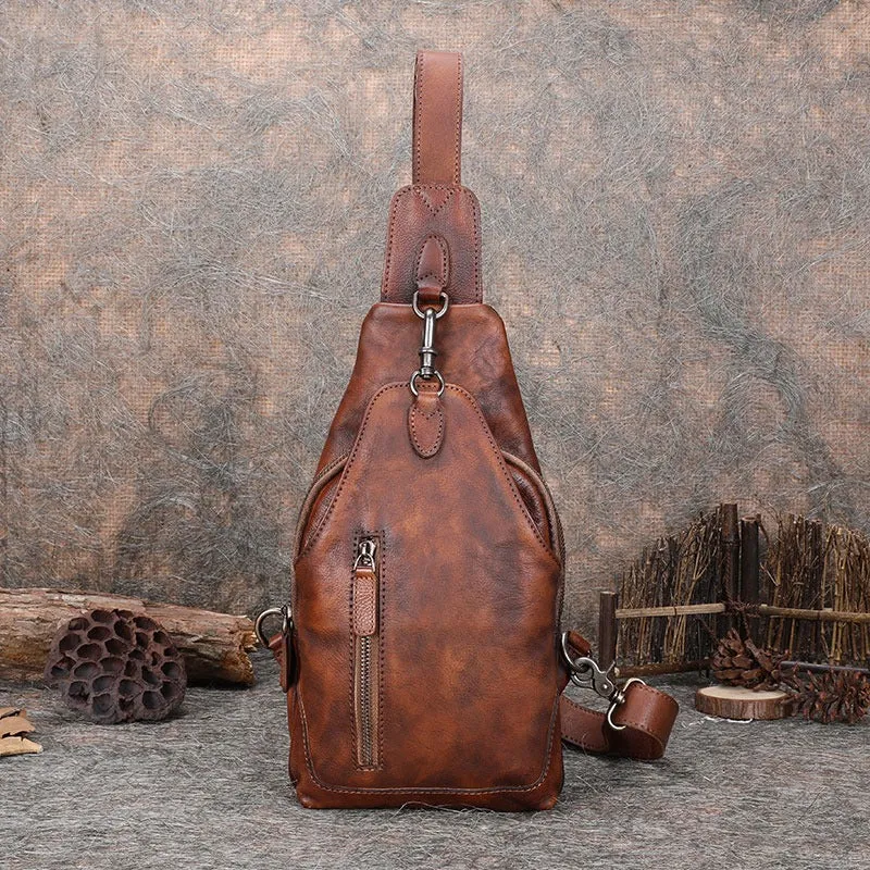 Cool Mens Sling Bag Vintage Leather Chest Bag Crossbody Pack for Men