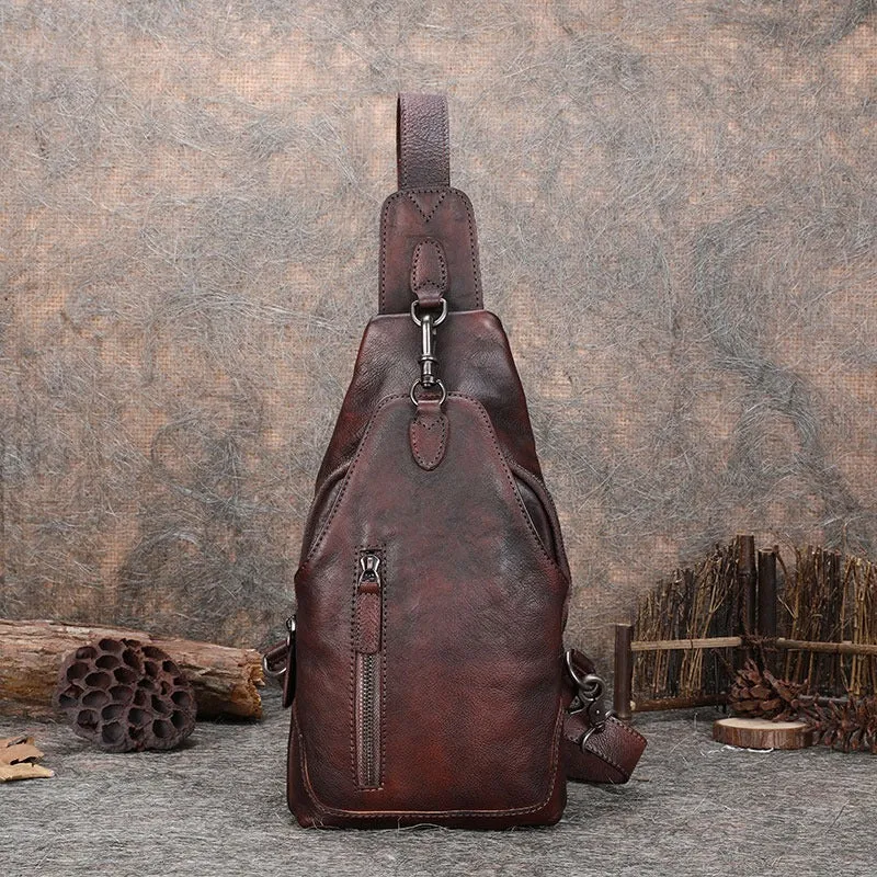 Cool Mens Sling Bag Vintage Leather Chest Bag Crossbody Pack for Men