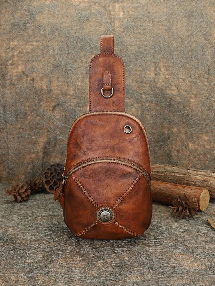 Cool Mens Womens Cap Sling Bag Vintage Leather Chest Bag Crossbody Pack for Men