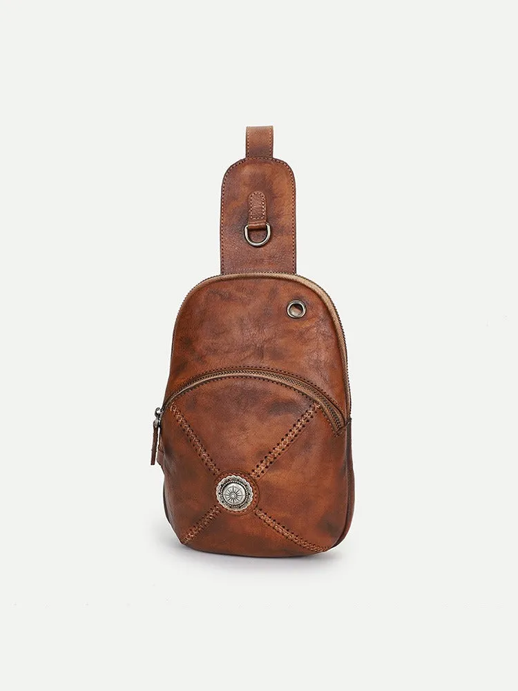 Cool Mens Womens Cap Sling Bag Vintage Leather Chest Bag Crossbody Pack for Men