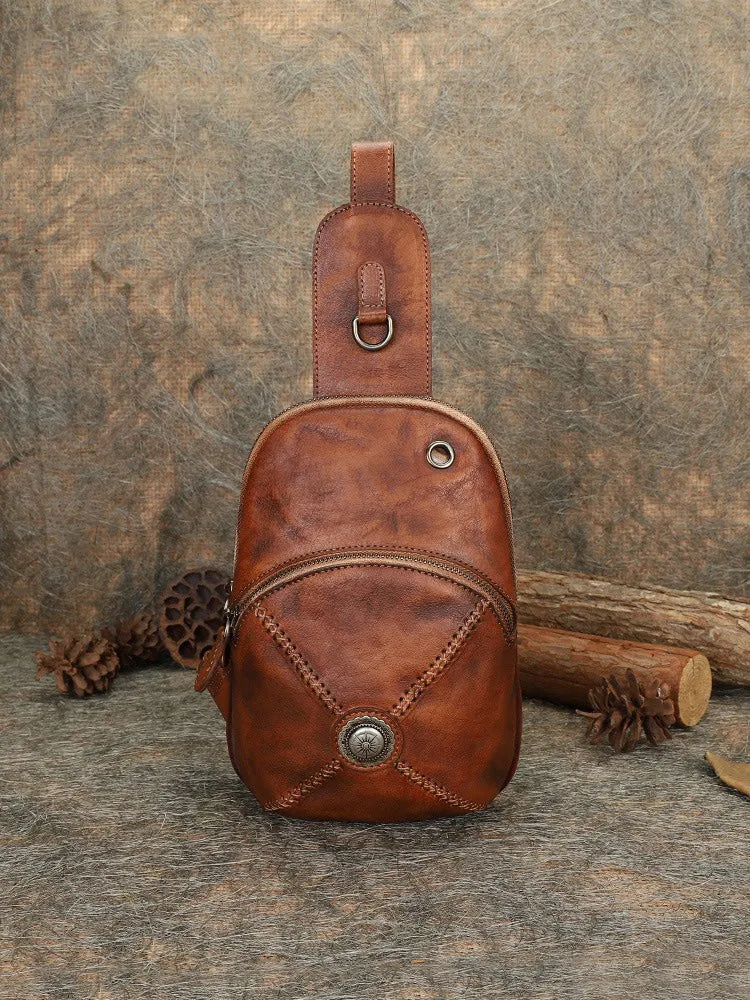 Cool Mens Womens Cap Sling Bag Vintage Leather Chest Bag Crossbody Pack for Men
