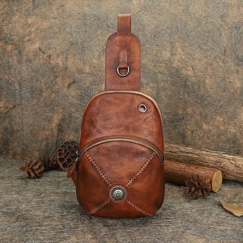 Cool Mens Womens Cap Sling Bag Vintage Leather Chest Bag Crossbody Pack for Men