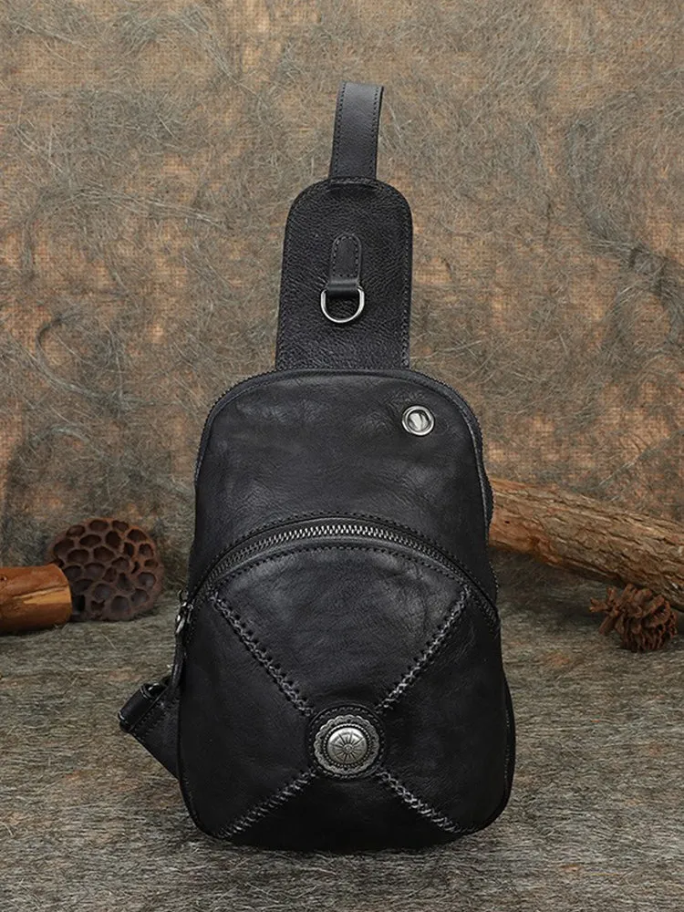 Cool Mens Womens Cap Sling Bag Vintage Leather Chest Bag Crossbody Pack for Men