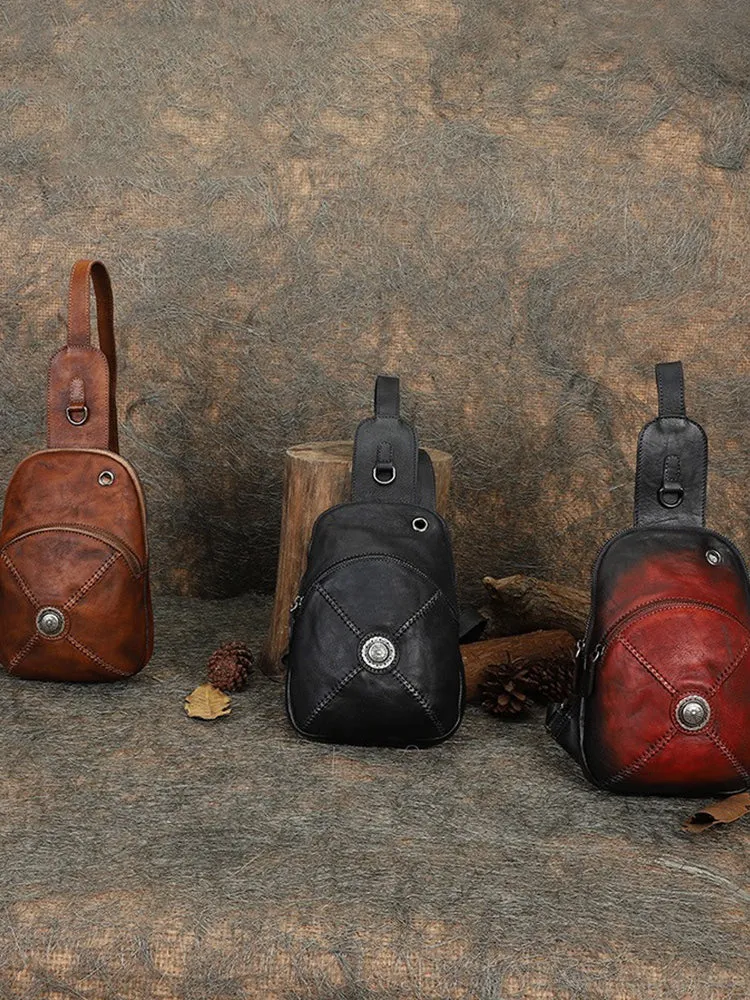 Cool Mens Womens Cap Sling Bag Vintage Leather Chest Bag Crossbody Pack for Men