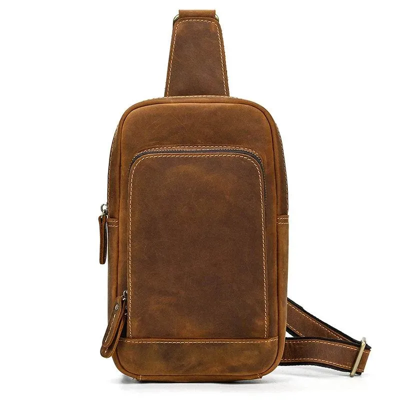 Crazy Horse Leather Men’s Chest Bag Top Layer Cowhide Sling