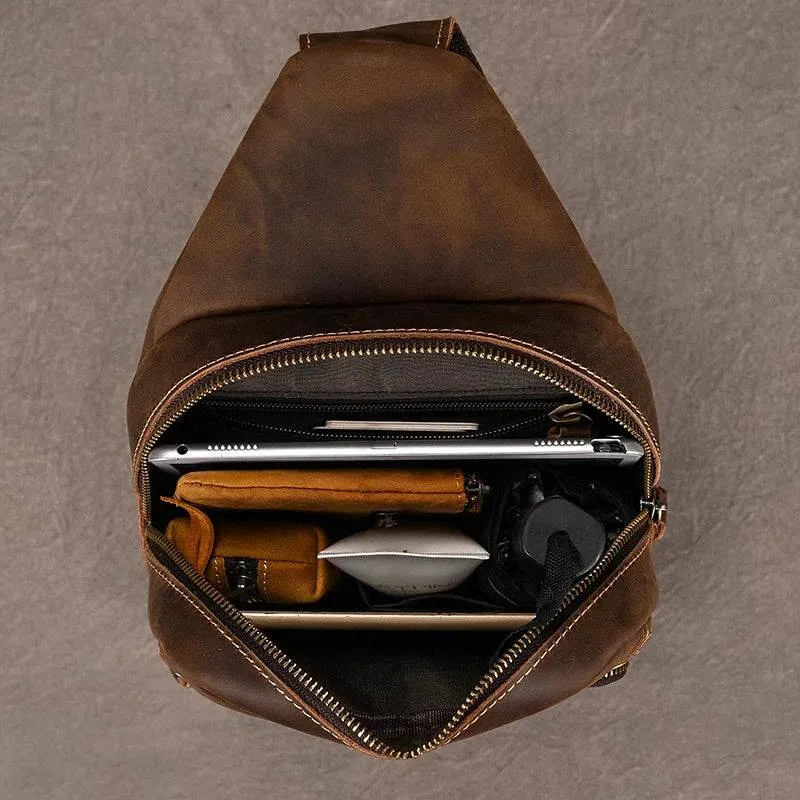 Crazy Horse Leather Men’s Chest Bag Top Layer Cowhide Sling