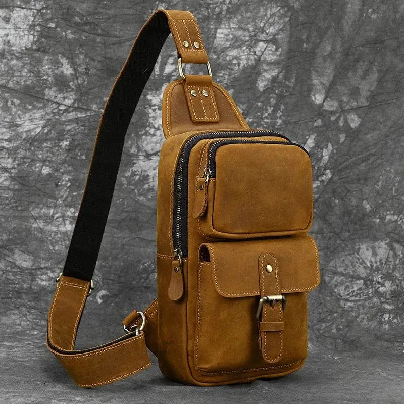 Crazy Horse Leather Men’s Chest Bag Top Layer Cowhide Sling