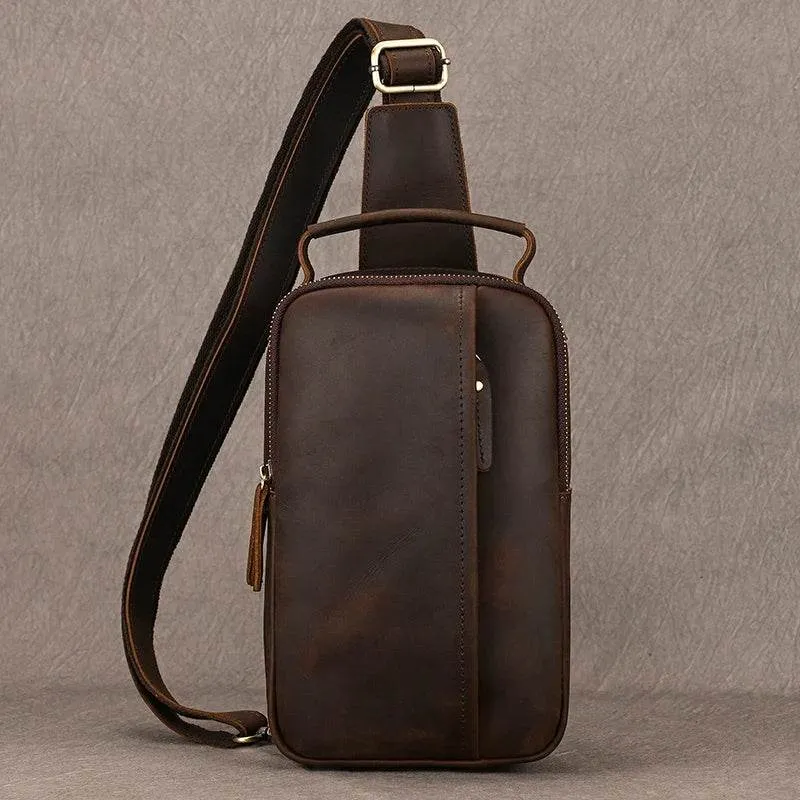Crazy Horse Leather Men’s Chest Bag Top Layer Cowhide Sling