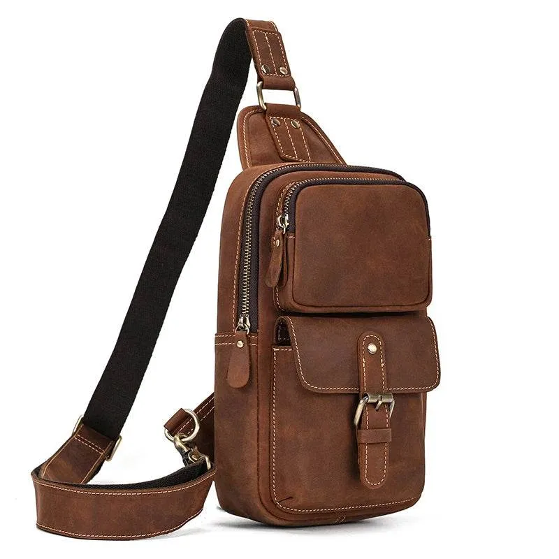 Crazy Horse Leather Men’s Chest Bag Top Layer Cowhide Sling