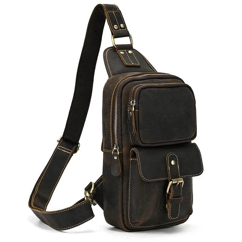 Crazy Horse Leather Men’s Chest Bag Top Layer Cowhide Sling
