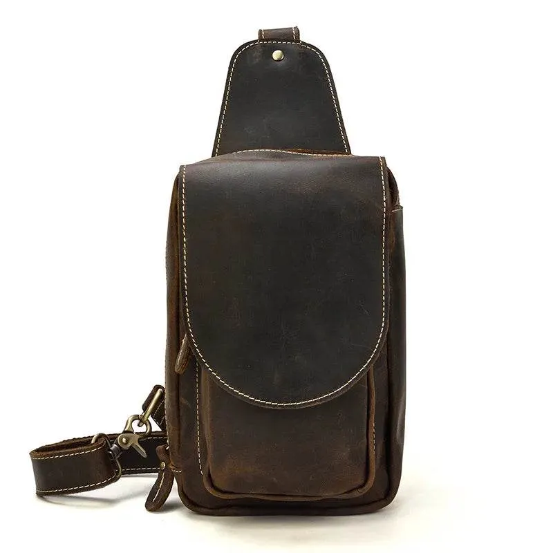 Crazy Horse Leather Men’s Chest Bag Top Layer Cowhide Sling
