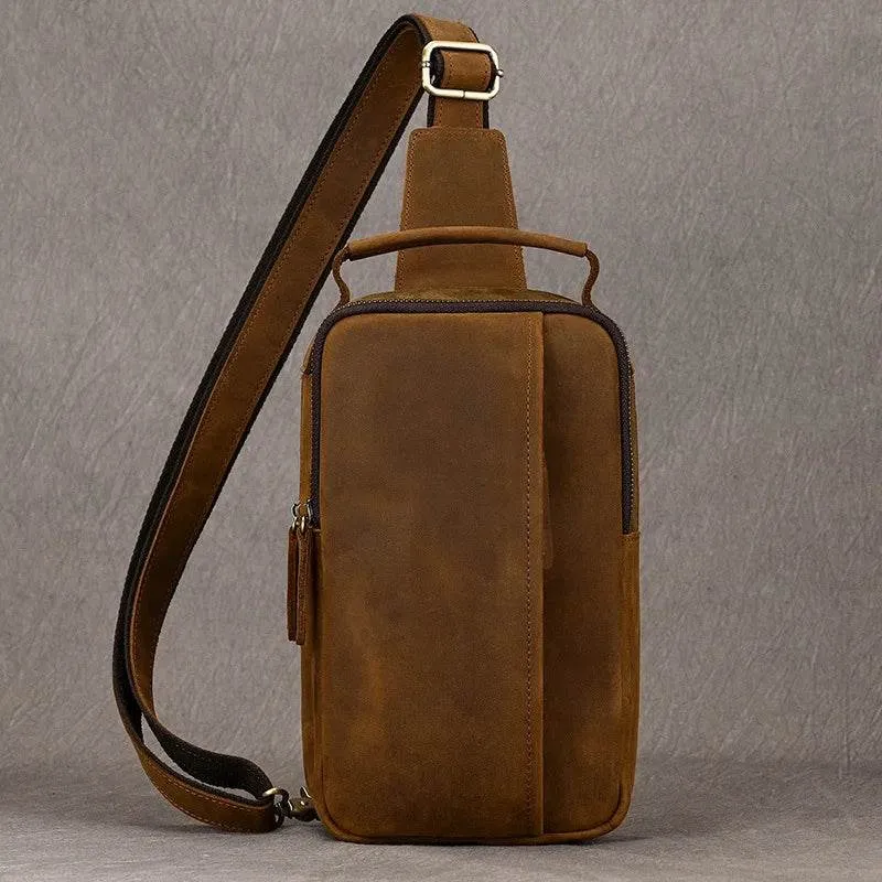 Crazy Horse Leather Men’s Chest Bag Top Layer Cowhide Sling