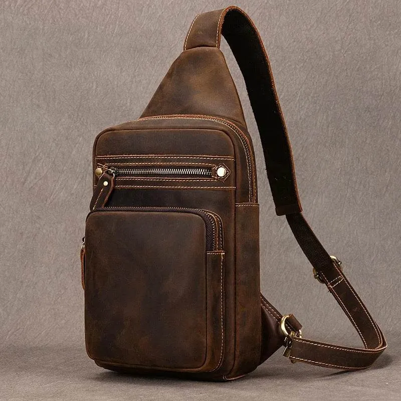 Crazy Horse Leather Men’s Chest Bag Top Layer Cowhide Sling