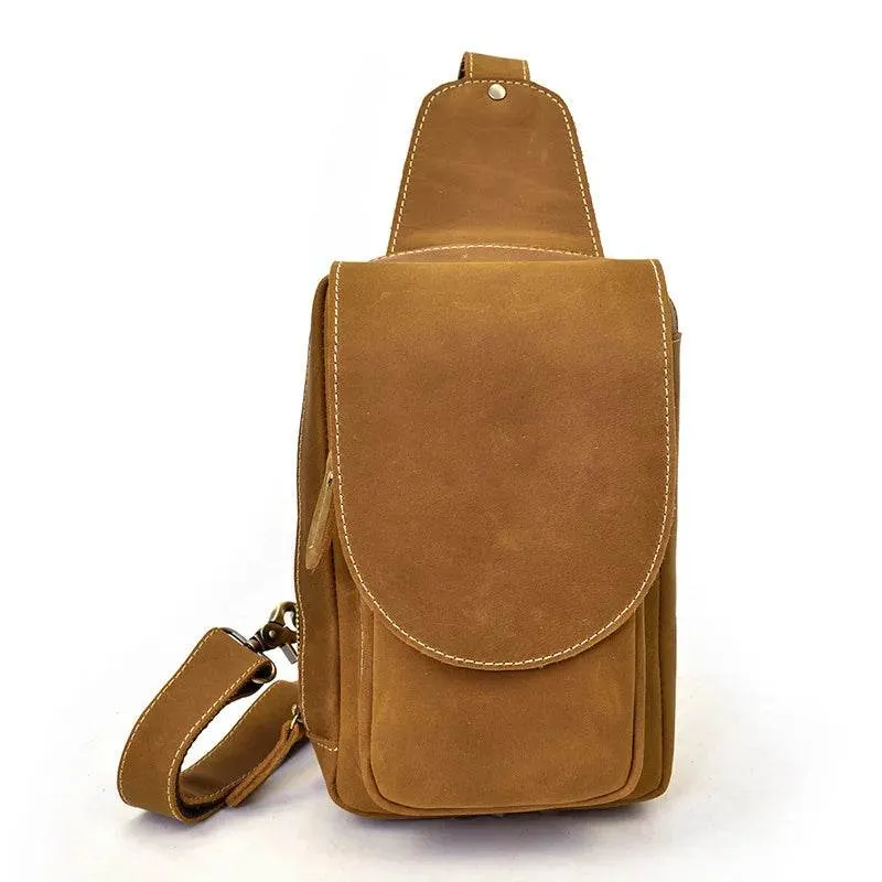 Crazy Horse Leather Men’s Chest Bag Top Layer Cowhide Sling