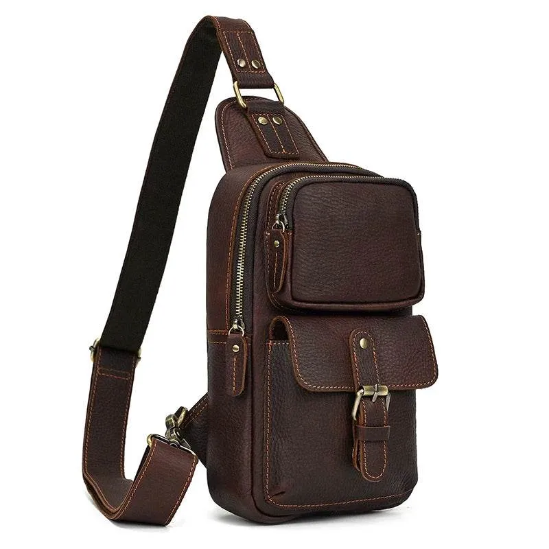 Crazy Horse Leather Men’s Chest Bag Top Layer Cowhide Sling