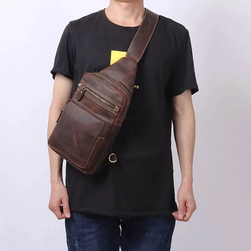 Crazy Horse Leather Men’s Chest Bag Top Layer Cowhide Sling