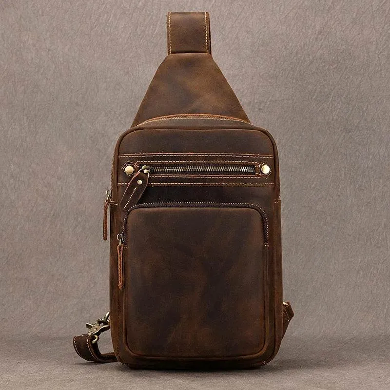 Crazy Horse Leather Men’s Chest Bag Top Layer Cowhide Sling