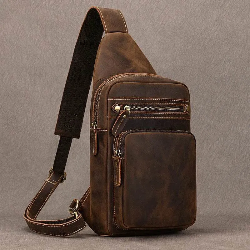 Crazy Horse Leather Men’s Chest Bag Top Layer Cowhide Sling